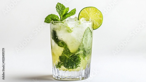 Refreshing summer drink with lime, mint, and ice in a glass.