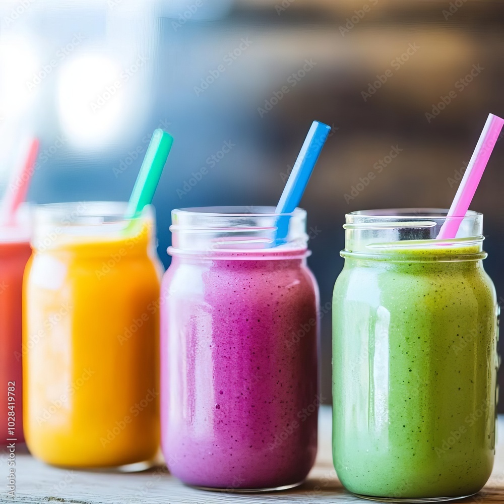 Close-up of colorful smoothies in mason jars, tropical flavors, street food, refreshing drinks Close-up of colorful smoothies in mason jars, tropical flavors, street food, refreshing drinks