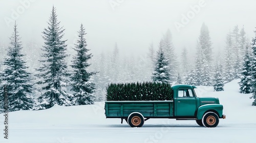 A green vintage truck carrying Christmas trees through a snowy forest, early morning light, medium shot