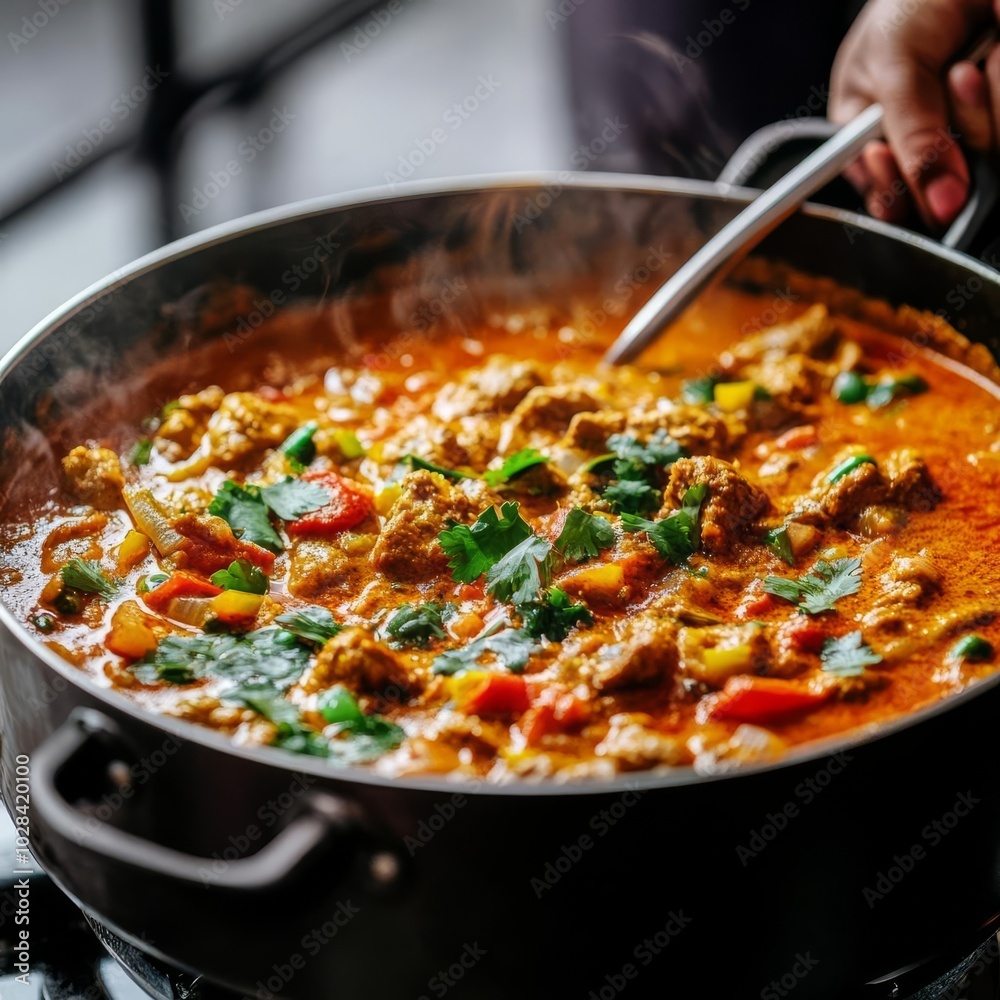 Cook stirring spicy curry in a large pot, aromatic steam, street food, exotic spices Cook stirring spicy curry in a large pot, aromatic steam, street food, exotic spices