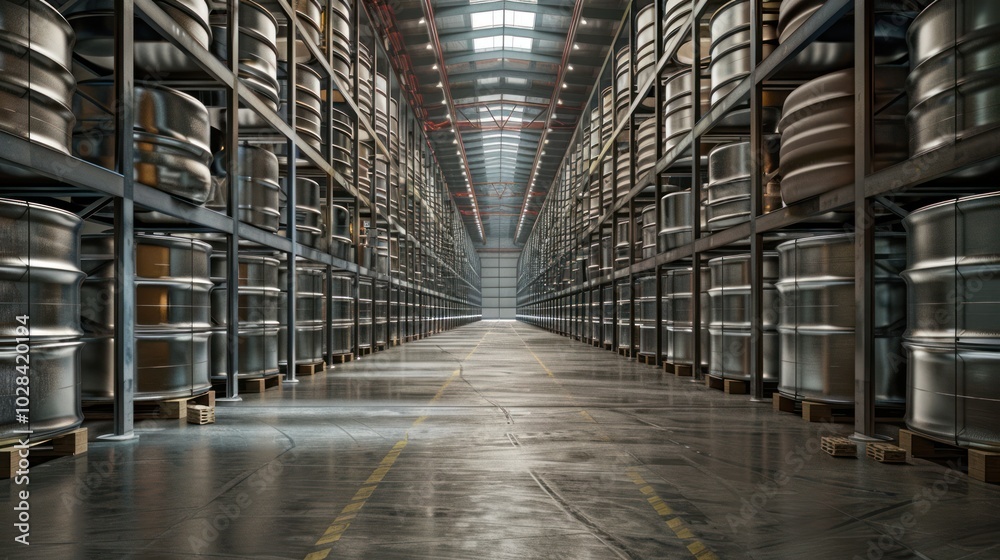 Rows of Metal Barrels in a Warehouse Rows of Metal Barrels in a Warehouse
