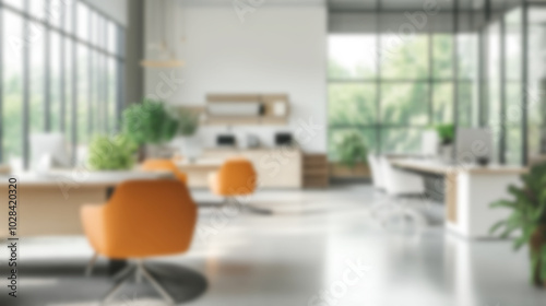 Bright office space with blurred video call background depicting modern workspace dynamics