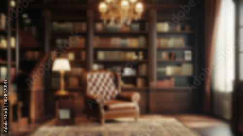 Blurred elegant library backdrop with dark wood bookshelves for video calls