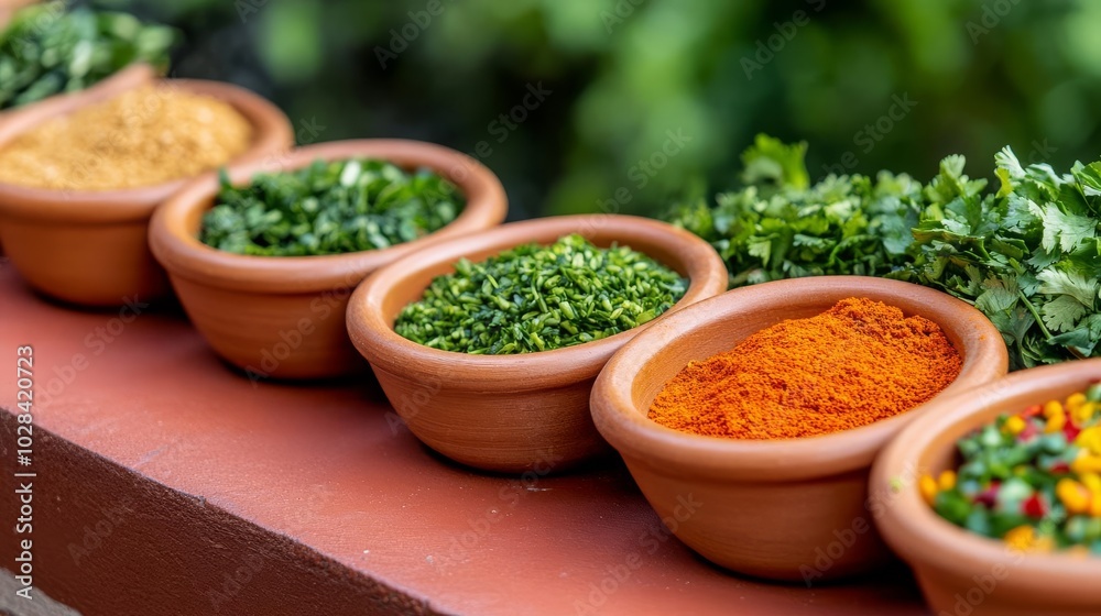 Fresh herbs and spices in small bowls at a food stall, rich textures, street food, flavor diversity