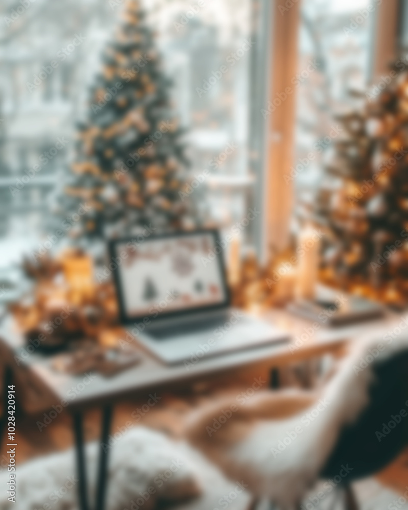 Modern home office setup with a laptop in a cozy winter scene featuring festive decorations Modern home office setup with a laptop in a cozy winter scene featuring festive decorations