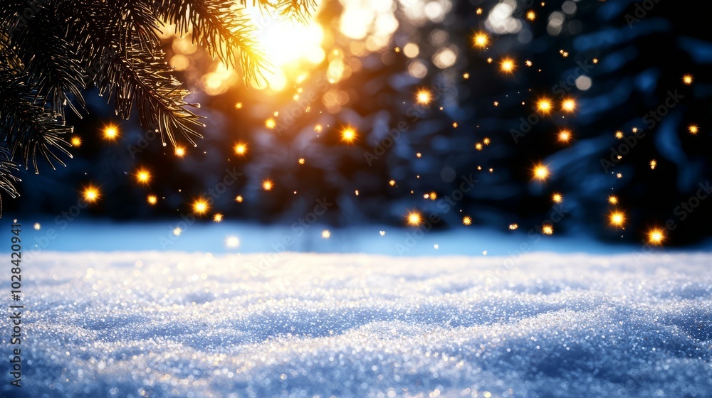 Snowy landscape with sparkling lights and soft sunlight in the winter season.