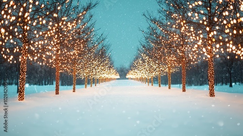 Snowcovered trees with green Christmas lights twinkling softly, dusk, wideangle, peaceful photo