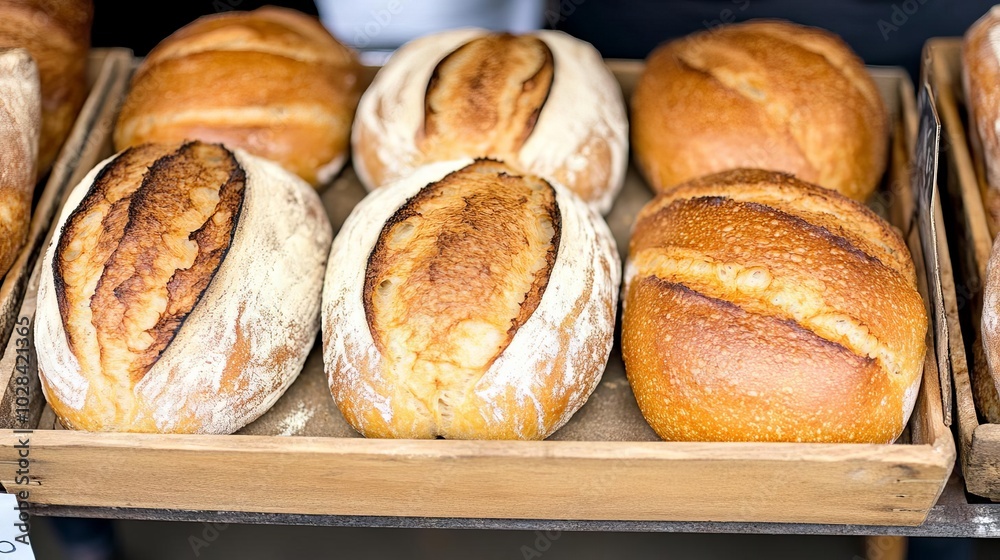 Freshly baked bread displayed at a food market, golden crust, street food, artisan baking Freshly baked bread displayed at a food market, golden crust, street food, artisan baking