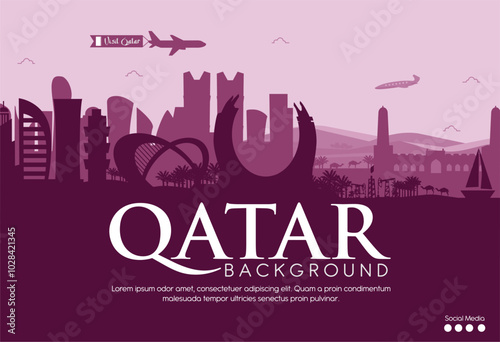 Exclusive Qatar Background Design with Doha City Landmarks and Katara Towers Illustration. Best for Qatar Background, Banner, Events, Tourism, Calendar. Vector Illustration. 
