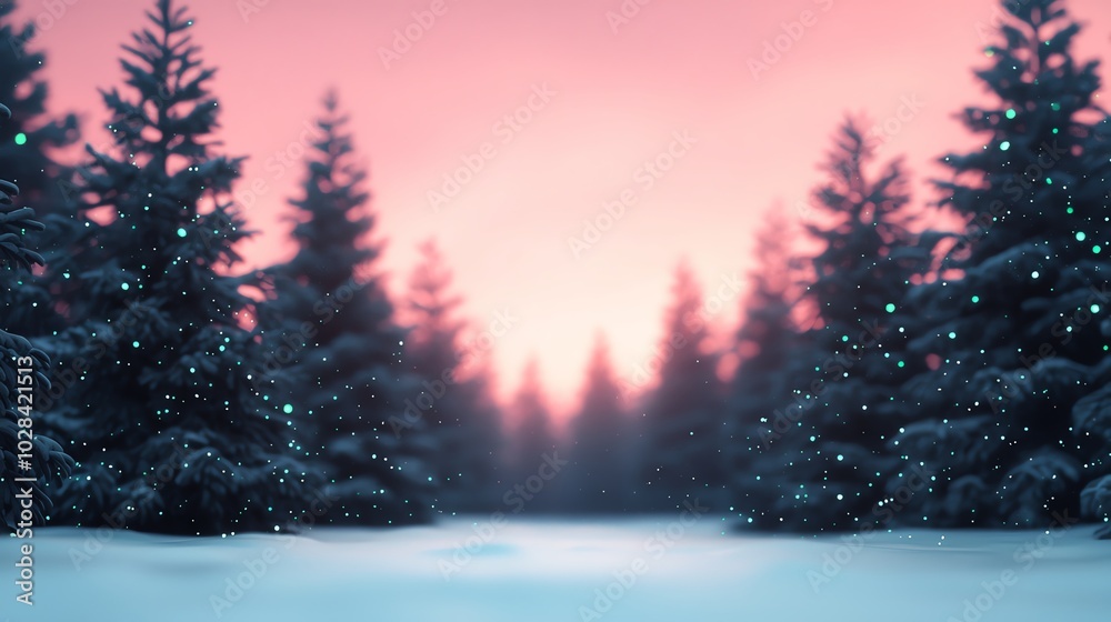 Snowcovered trees glowing with green lights, dusk sky in the background, wideangle, peaceful Snowcovered trees glowing with green lights, dusk sky in the background, wideangle, peaceful