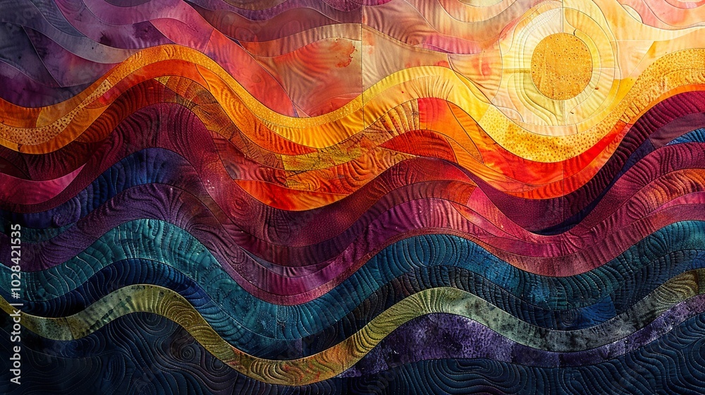 Abstract Sunset Quilt Art: Vibrant Waves and Sun Abstract Sunset Quilt Art: Vibrant Waves and Sun