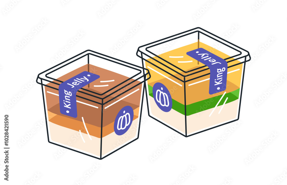 Jelly desserts in cup packages. Sweet layered jello snack in plastic container. Gelatin snack, pudding with fruit, vanilla and pumpkin flavor. Flat vector illustration isolated on white background Jelly desserts in cup packages. Sweet layered jello snack in plastic container. Gelatin snack, pudding with fruit, vanilla and pumpkin flavor. Flat vector illustration isolated on white background