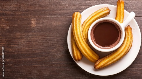 Freshly fried churros with hot chocolate sauce, festive ambiance, street food, sweet treat