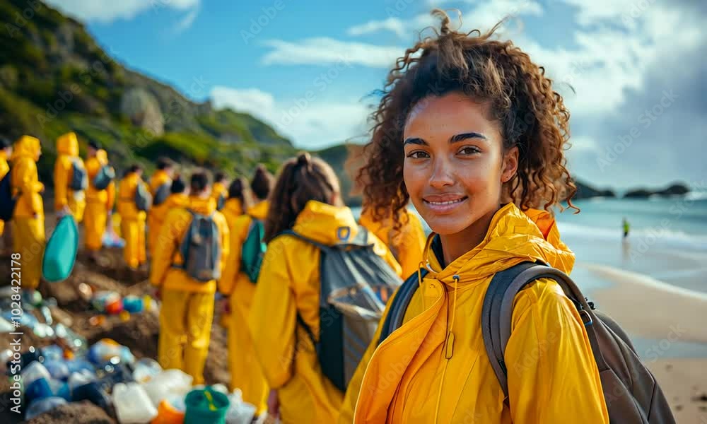 A group of dedicated volunteers dressed in vibrant yellow jackets work together along the shore, collecting waste to help preserve the beauty of the coastline on a sunny day A group of dedicated volunteers dressed in vibrant yellow jackets work together along the shore, collecting waste to help preserve the beauty of the coastline on a sunny day