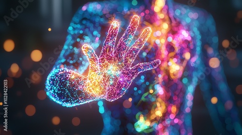 Healing energy flowing from hands onto a body, glowing natural therapy, 3D illustration