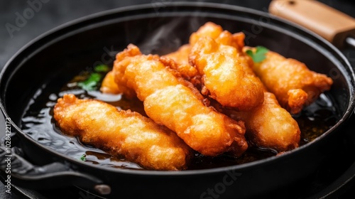 Freshly fried tempura with rich batter, sizzling oil, street food, crispy treat