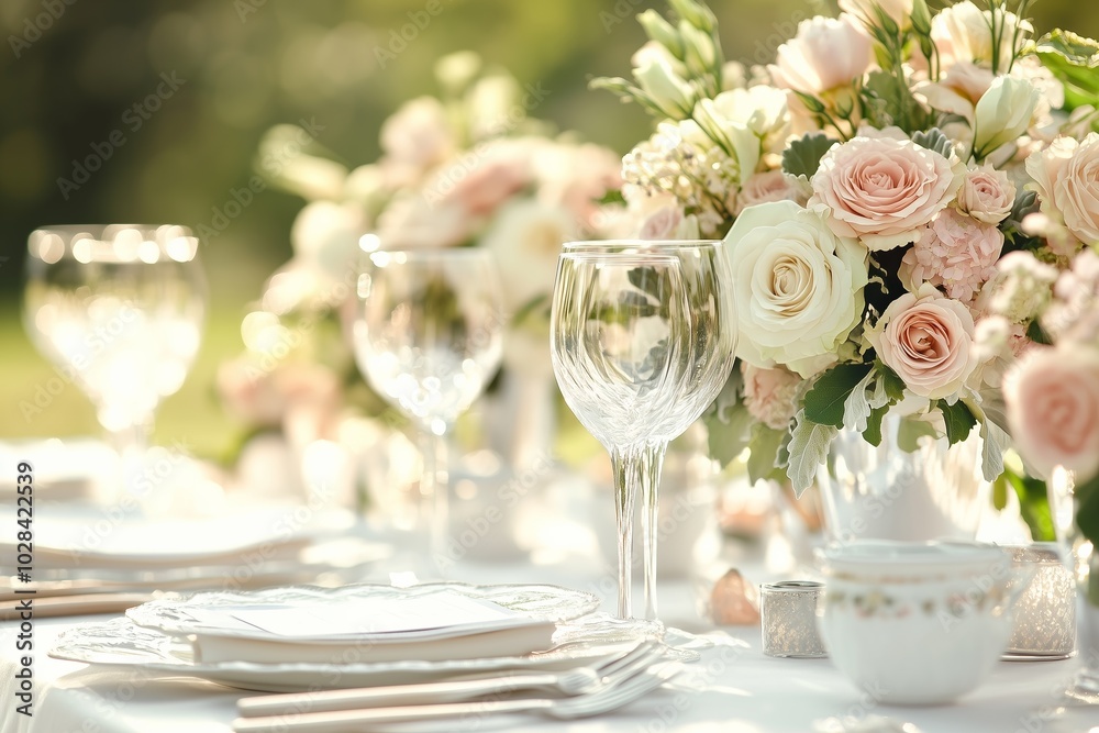 A beautifully set wedding banquet table, adorned with white linens, elegant floral arrangements, and fine china, ready for a grand celebration. A beautifully set wedding banquet table, adorned with white linens, elegant floral arrangements, and fine china, ready for a grand celebration.