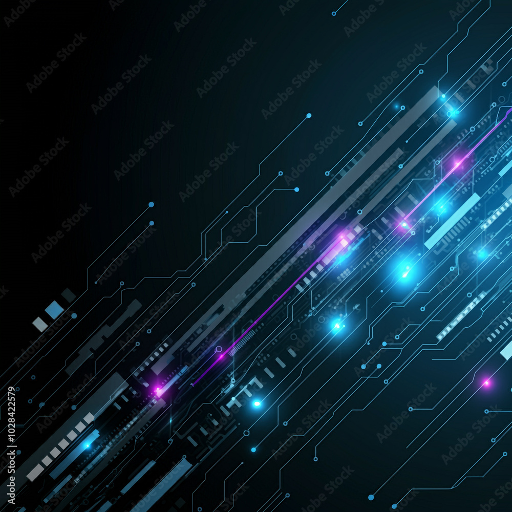 A sleek dark-themed circuit design with glowing blue and purple dots, emphasizing connectivity and modern technology A sleek dark-themed circuit design with glowing blue and purple dots, emphasizing connectivity and modern technology