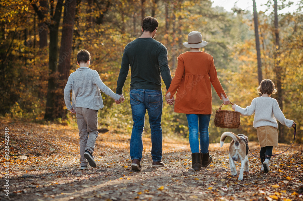 Young family with two kids and dog on a walk in autumn forest, mushroom hunting. Rear view, walking and holding hands. Young family with two kids and dog on a walk in autumn forest, mushroom hunting. Rear view, walking and holding hands.