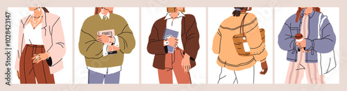 Modern women in trendy style outfit, fashion accessories, vertical cards set. Stylish girls holding coffee cup, book, bag in hand. Attractive faceless female portraits. Flat vector illustrations