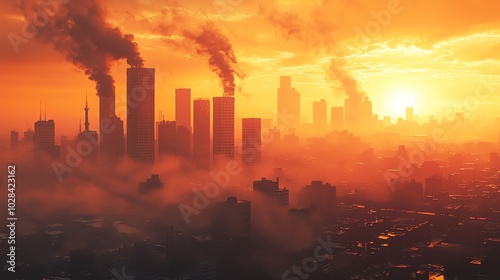 2 Greenhouse gases trapping heat over an urban skyline, smogfilled air, lowangle shot, muted sunlight, orange haze, intense atmospheric heat, deep shadows