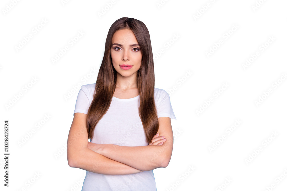 Portrait of her she nice-looking attractive lovely lovable groomed straight-haired lady folded arms isolated on bright vivid shine blue green teal turquoise background Portrait of her she nice-looking attractive lovely lovable groomed straight-haired lady folded arms isolated on bright vivid shine blue green teal turquoise background