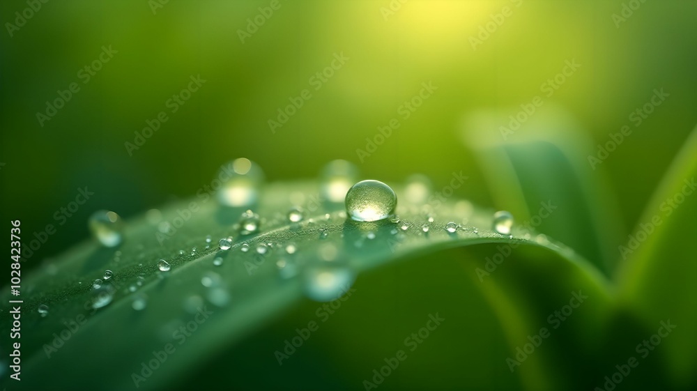 Macro photography of morning dew on leaves with sharp focus on details and a blurred background Macro photography of morning dew on leaves with sharp focus on details and a blurred background