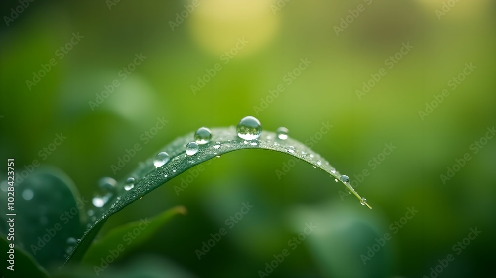 Macro photography of morning dew on leaves with sharp focus on details and a blurred background Macro photography of morning dew on leaves with sharp focus on details and a blurred background
