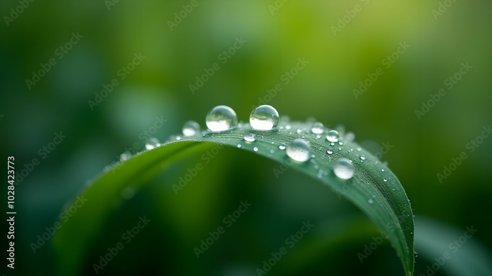 Macro photography of morning dew on leaves with sharp focus on details and a blurred background Macro photography of morning dew on leaves with sharp focus on details and a blurred background
