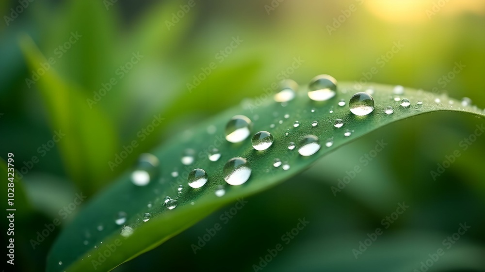 Macro photography of morning dew on leaves with sharp focus on details and a blurred background Macro photography of morning dew on leaves with sharp focus on details and a blurred background