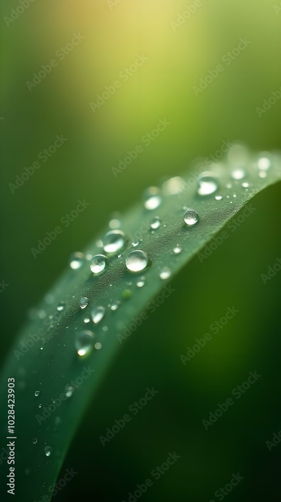 Macro photography of morning dew on leaves with sharp focus on details and a blurred background Macro photography of morning dew on leaves with sharp focus on details and a blurred background