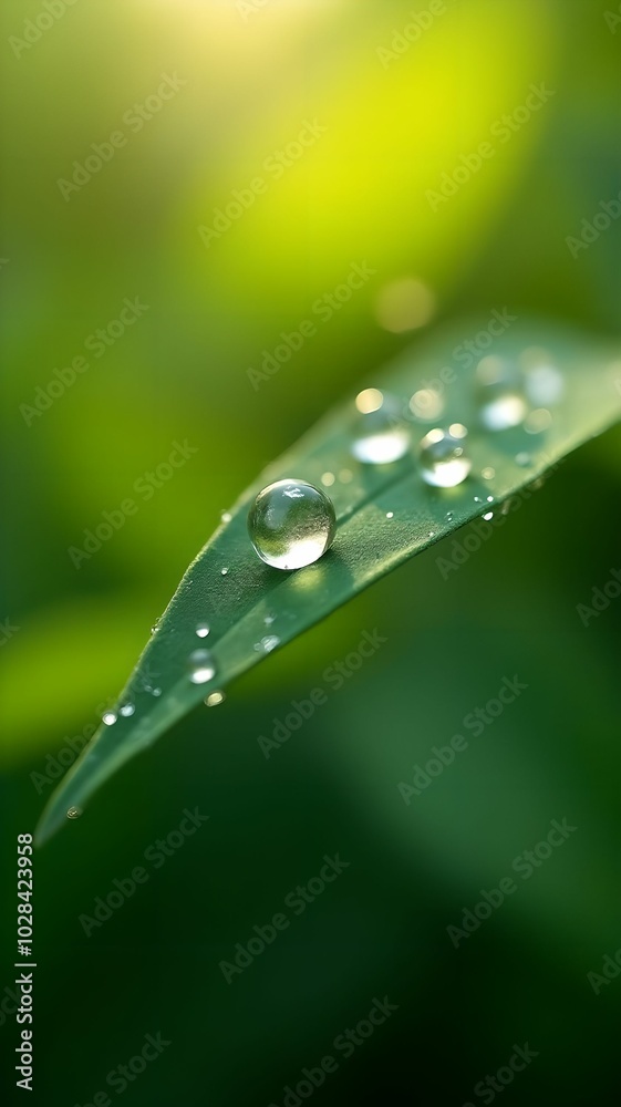 Macro photography of morning dew on leaves with sharp focus on details and a blurred background Macro photography of morning dew on leaves with sharp focus on details and a blurred background