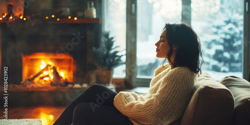 A woman sits peacefully in front of a lit fireplace, enjoying the warmth in a cozy living room, with a snowy landscape visible outside the window. photo