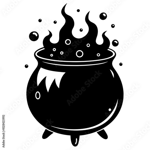 A spooky cauldron bubbling over with potions silhouette vector illustration on white background