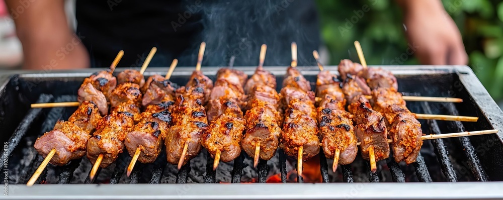 Man grilling lamb skewers with spicy seasoning, rustic scene, street food, BBQ culture Man grilling lamb skewers with spicy seasoning, rustic scene, street food, BBQ culture