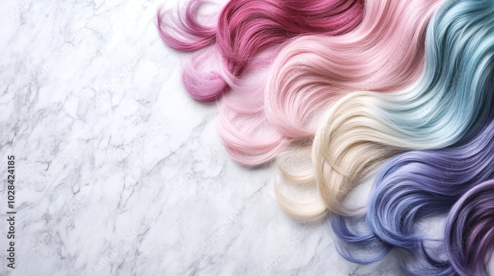 Colorful Wavy Hair Strands on Marble Background Colorful Wavy Hair Strands on Marble Background