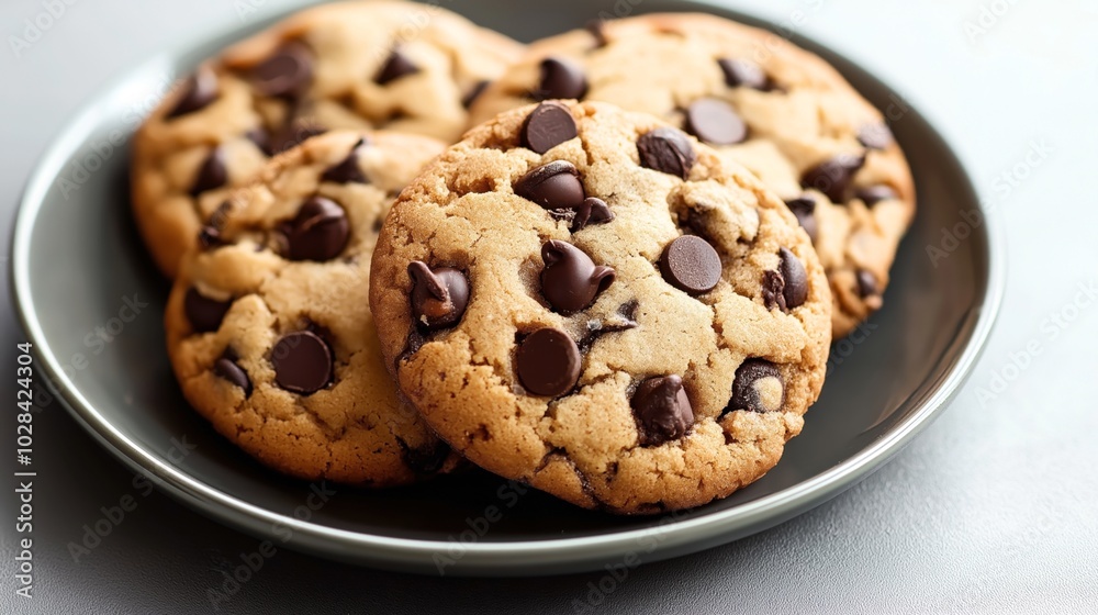 Close-up of freshly baked chocolate chip cookies on a dark plate, highlighting their golden-brown texture and generous chocolate chips.