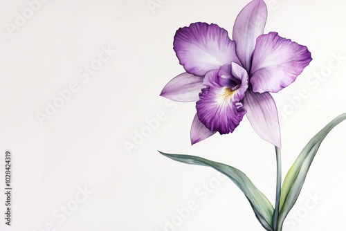 A detailed watercolor painting of a single orchid in purple hues, elegantly set against a white background 