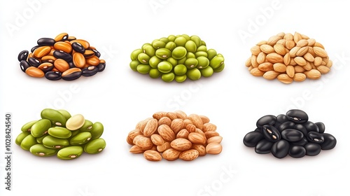 Various types of beans and seeds, white isolate background