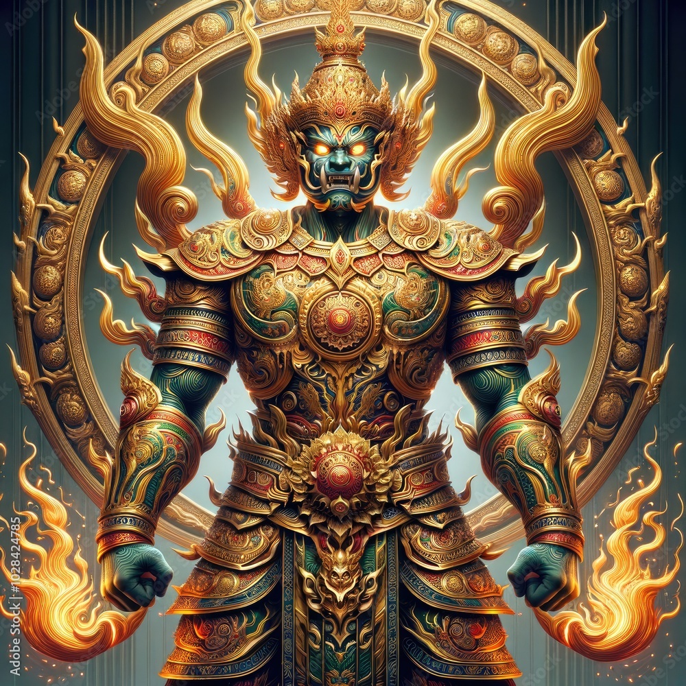 Fototapeta premium Majestic Southeast Asian Guardian: A Hyper-Realistic Depiction of a Mythical Warrior in Elaborate Armor, Wielding a Sacred Staff, Surrounded by Flames and Radiant Energy, Reflecting Traditional Artist