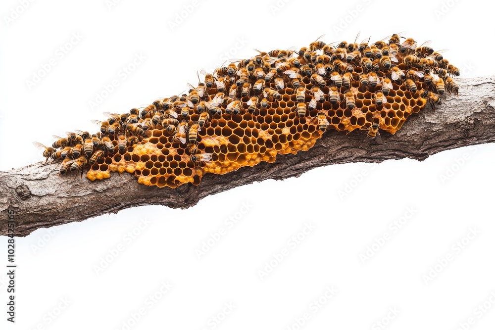 Fototapeta premium Beehive Isolated. Natural Honeycomb Structure Hanging on Tree Branch in White Background