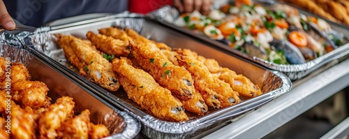 Vendor frying fish with spicy batter, bustling market, street food, seafood treat