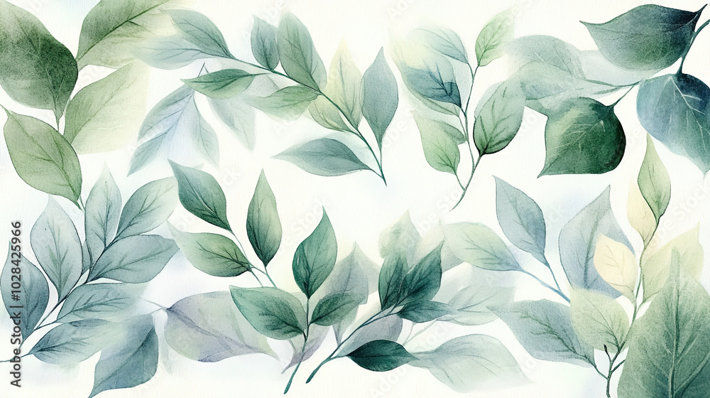 A Watercolor Painting of Varied Green Leaves, Displaying Natural Growth and Soft Color Transition on a White Background A Watercolor Painting of Varied Green Leaves, Displaying Natural Growth and Soft Color Transition on a White Background