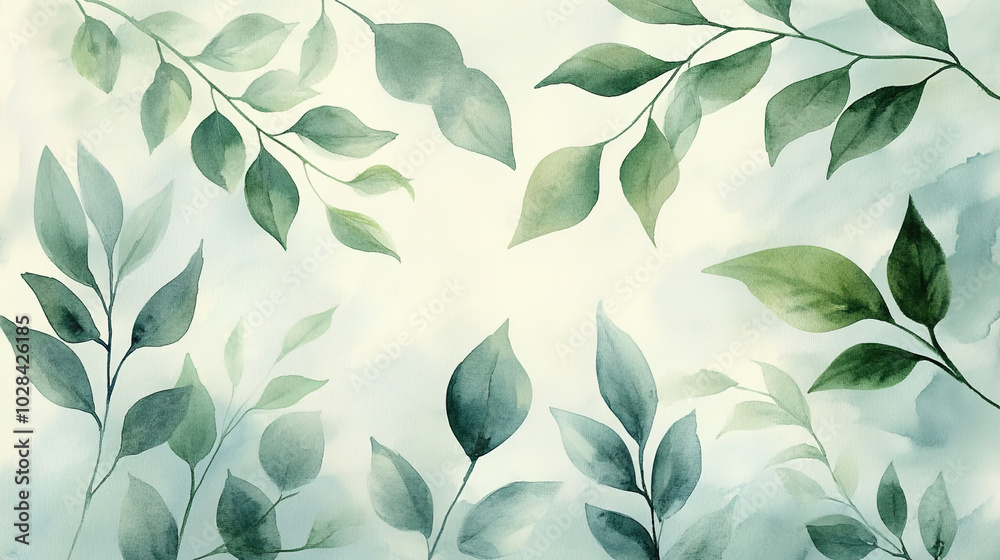 A Watercolor Painting of Varied Green Leaves, Displaying Natural Growth and Soft Color Transition on a White Background A Watercolor Painting of Varied Green Leaves, Displaying Natural Growth and Soft Color Transition on a White Background