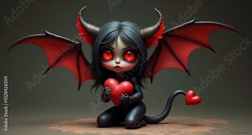 A playful succubus with tiny bat wings and a heart-shaped tail flutters around, her glowing red eyes flashing as she giggles while holding a love letter. Beside her, an incubus tries to look seductive