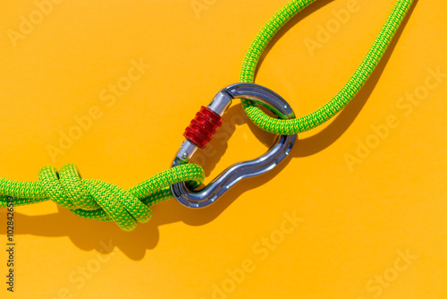 two ropes with secure knots are connected by a carabiner. Equipment for rock climbing and mountaineering. reliable connection. concept of reliability and strength.