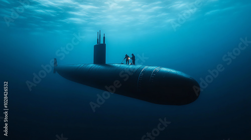 Submarine exploring the depths of the ocean with crew members on board. Captivating underwater scenery enhances the adventure and technology at sea.