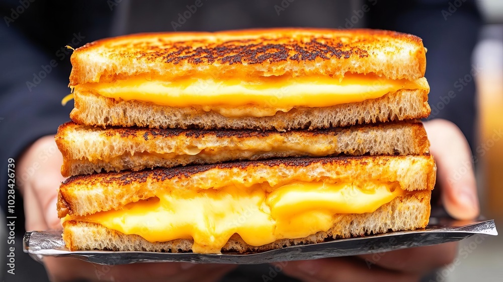 Vendor making hot grilled cheese sandwiches, buttery aroma, street food, comforting treat Vendor making hot grilled cheese sandwiches, buttery aroma, street food, comforting treat