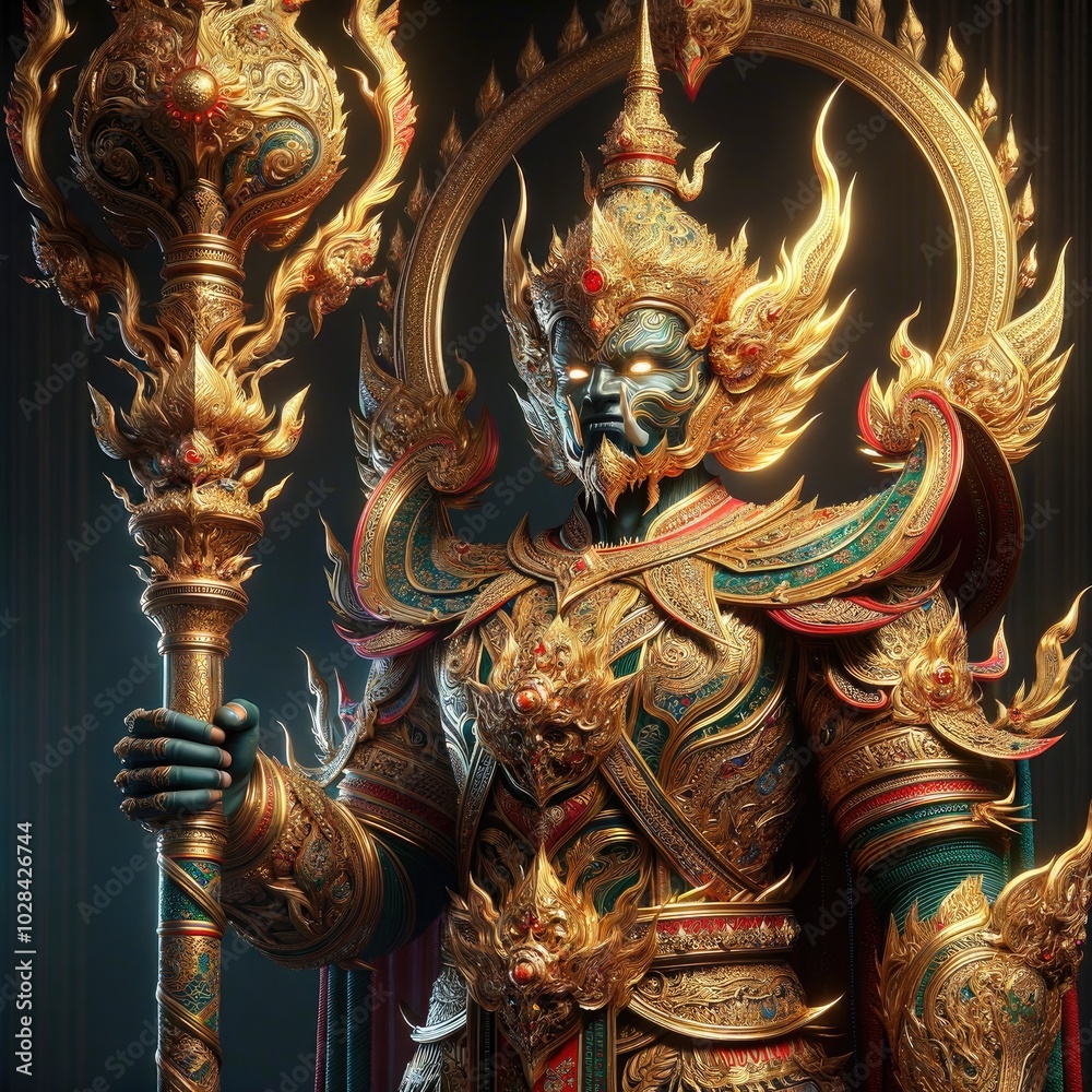 Fototapeta premium Majestic Southeast Asian Guardian: A Hyper-Realistic Depiction of a Mythical Warrior in Elaborate Armor, Wielding a Sacred Staff, Surrounded by Flames and Radiant Energy, Reflecting Traditional Artist