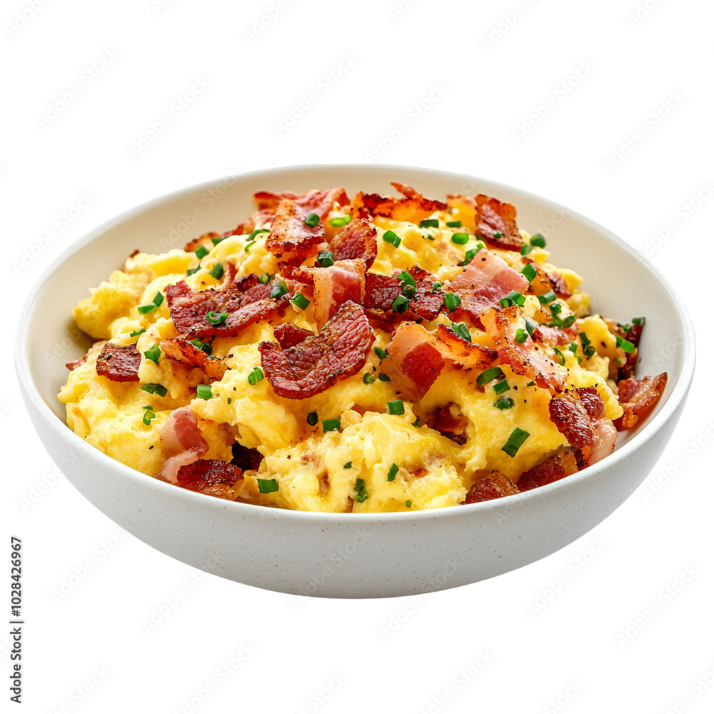 scrambled egg with bacon and sourdough bread for breakfast isolated on transparent background scrambled egg with bacon and sourdough bread for breakfast isolated on transparent background